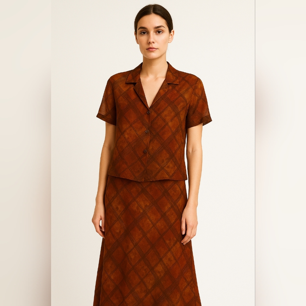 Robbie Bee Vintage 90s Two-Piece Plaid Sheer Silk Maxi Dress & Top Set Size 6